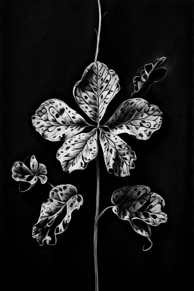 This is a deeply textured charcoal drawing of a four-leaf clover