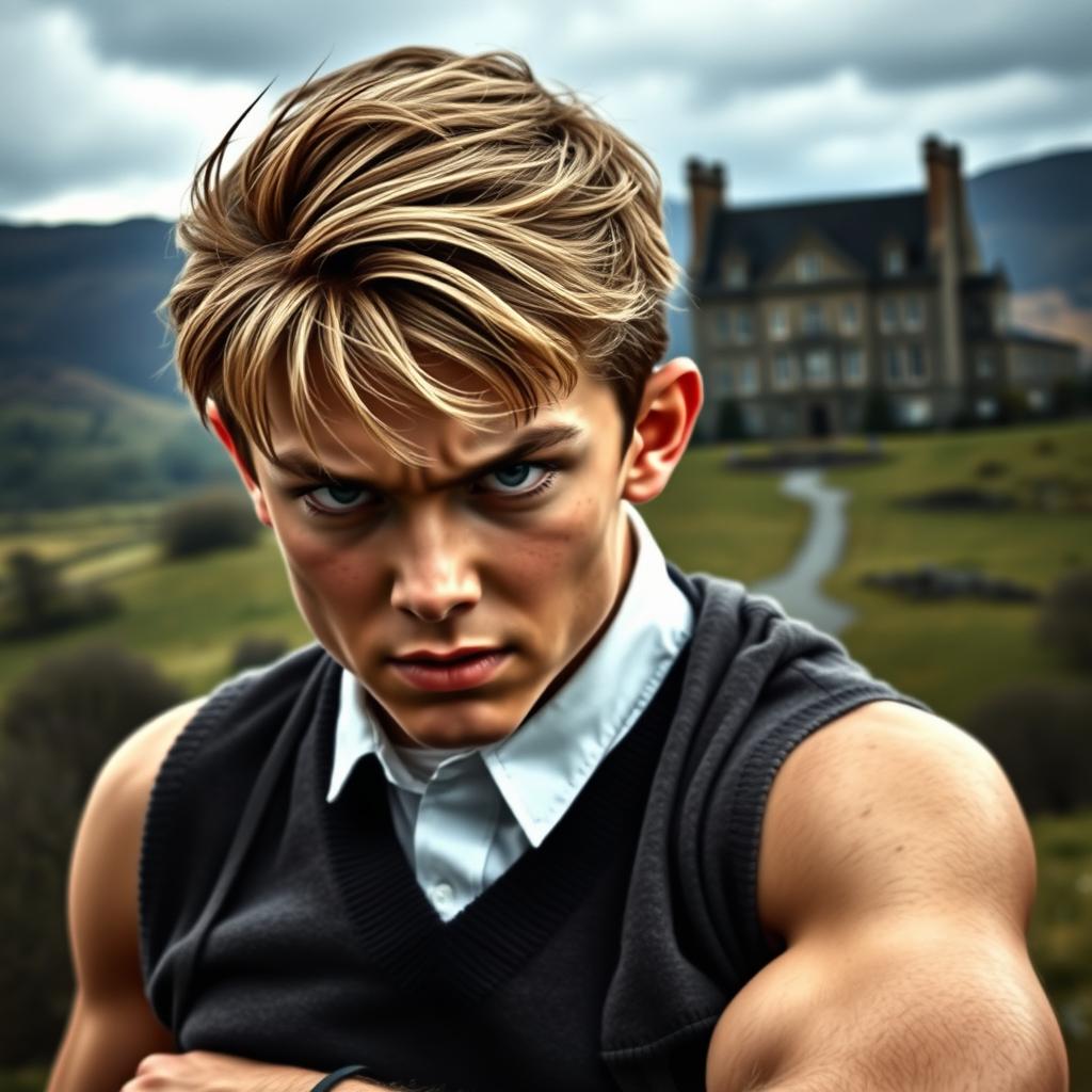 A muscular teenage boy with dark blonde hair reaching his chin, featuring intense dark blue eyes and a predatory expression reflecting anger and bad temperament