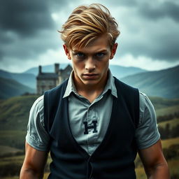 A muscular teenage boy with dark blonde hair reaching his chin, featuring intense dark blue eyes and a predatory expression reflecting anger and bad temperament