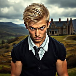 A muscular teenage boy with dark blonde hair reaching his chin, featuring intense dark blue eyes and a predatory expression reflecting anger and bad temperament
