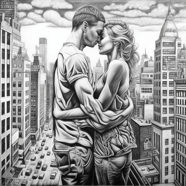 A high-definition, black and white pencil drawing of another cute couple deeply in love, this time set in a different location, possibly New York