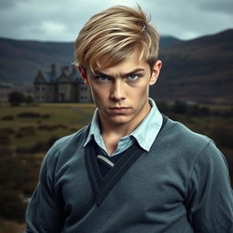 A muscular teenage boy with dark blonde hair reaching his chin, featuring intense dark blue eyes and a predatory expression reflecting anger and bad temperament