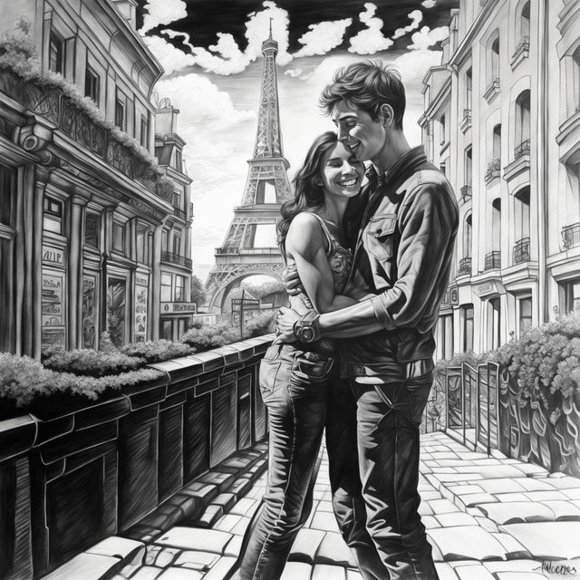 A high-definition, black and white pencil drawing of a cute couple in Paris