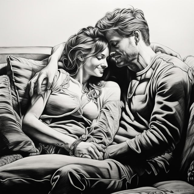 A high-definition, black and white pencil drawing depicting a cute couple cuddling on a couch