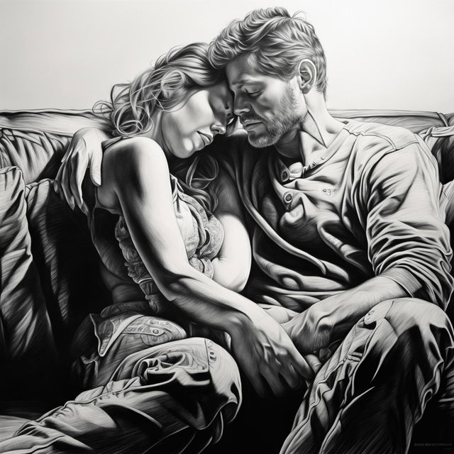 A high-definition, black and white pencil drawing showcasing a cute couple cuddling on a couch