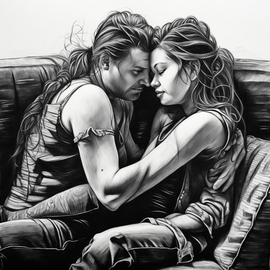 A hyper-realistic, high-definition black and white pencil drawing of a cute couple cuddling on a couch