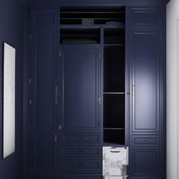 A deep blue wardrobe with an additional loft, exhibiting a classic design with modern functionality