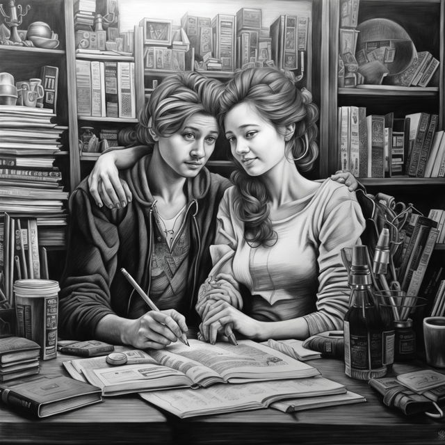 A high-definition, black and white pencil drawing featuring a cute couple in a cluttered study