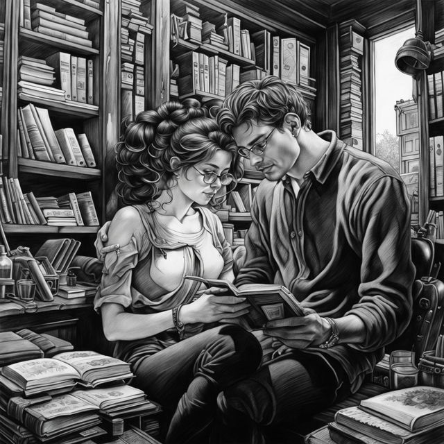 A high-definition, black and white pencil drawing of a loving couple in a cluttered study, showcasing meticulous detail and hyper-realistic rendering