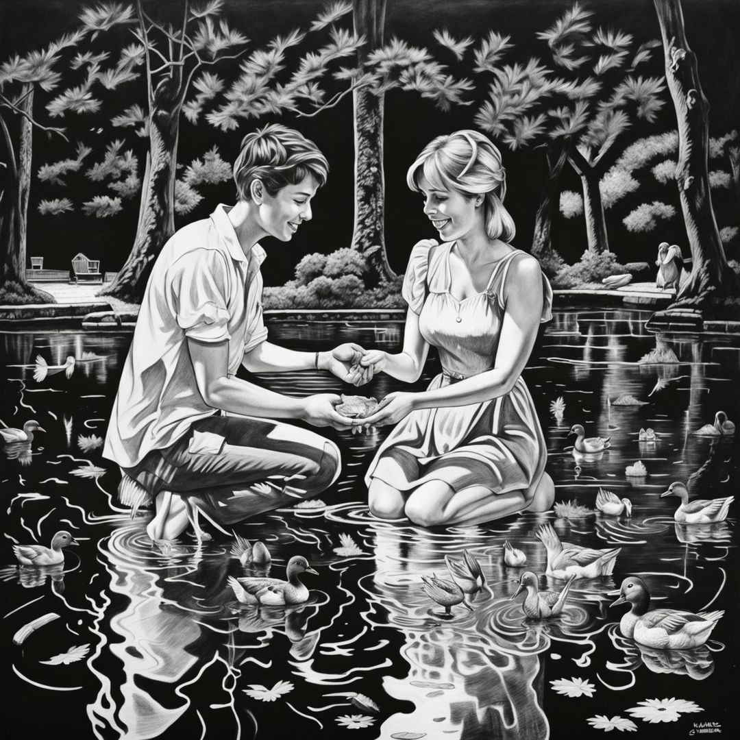 This is a high-definition, black and white pencil drawing of a cute couple feeding ducks at a park