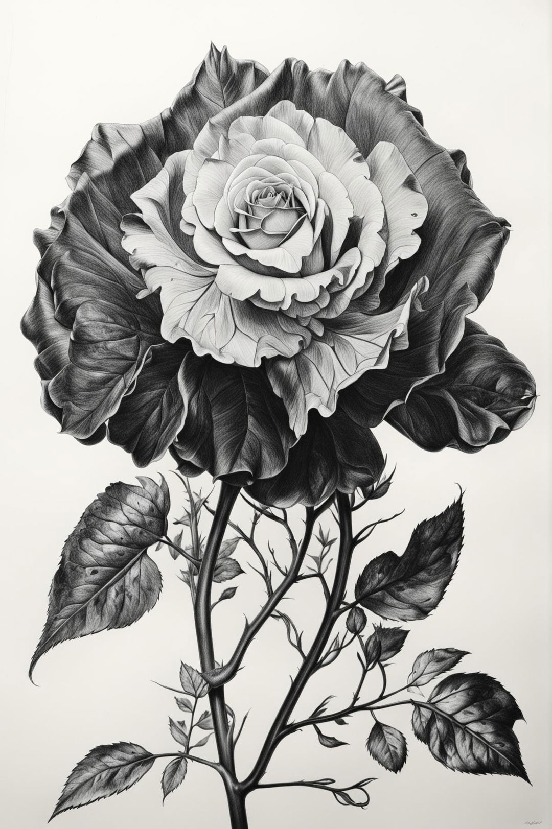 A high-quality pencil drawing of a rose, drawn with meticulous attention to detail and depth, reminiscent of the works of Leonardo da Vinci