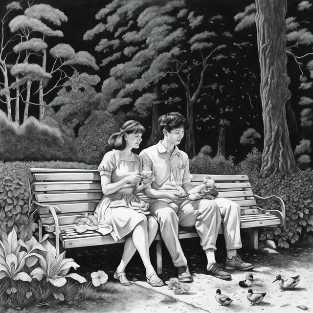 This is a high-definition, hyper-realistic pencil drawing of a couple at a park, feeding ducks