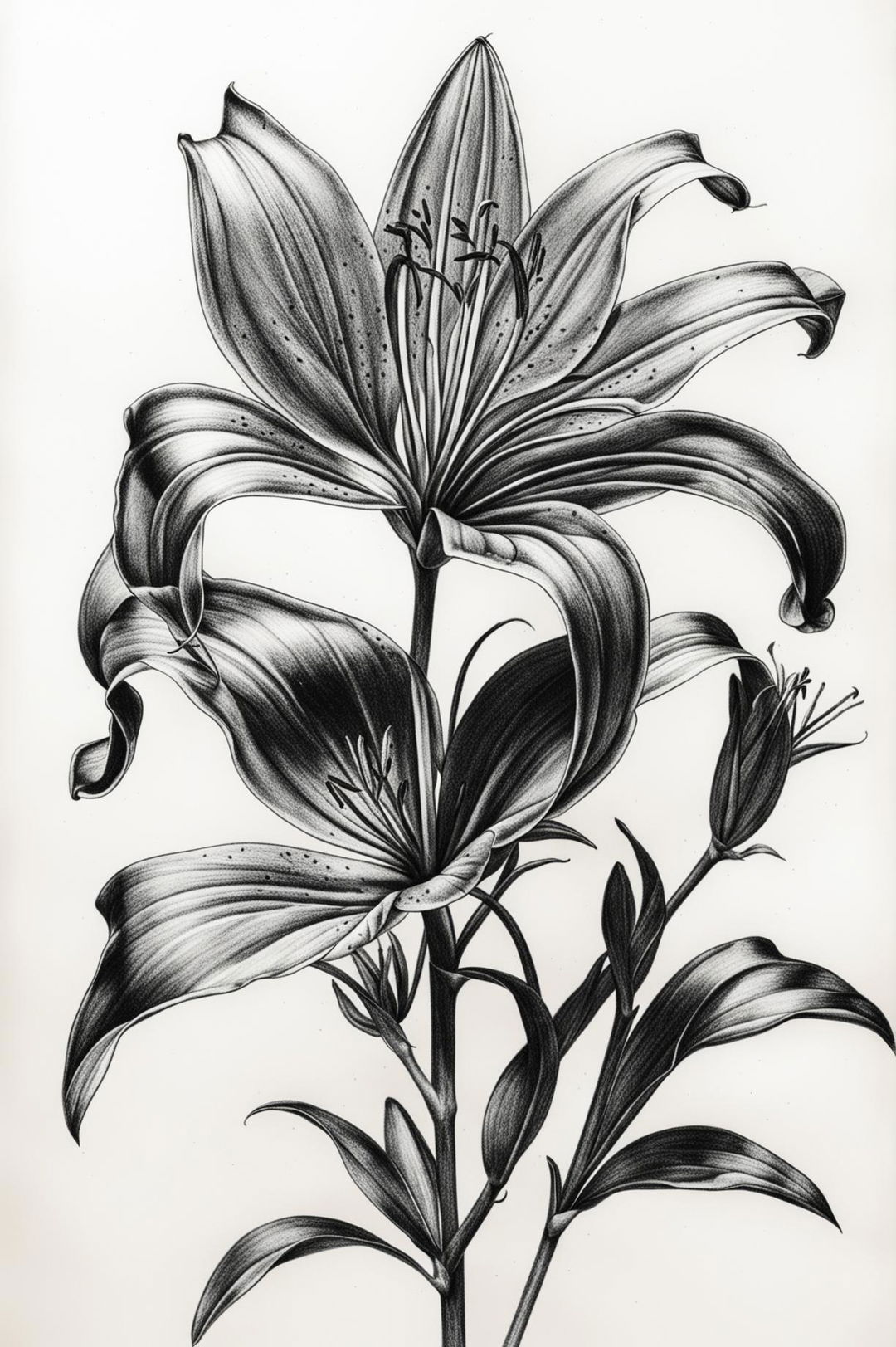 A delicate, high-quality pencil drawing of a lily, rendered with a light touch