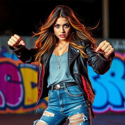 A confident young woman striking a powerful pose, showcasing a strong attitude