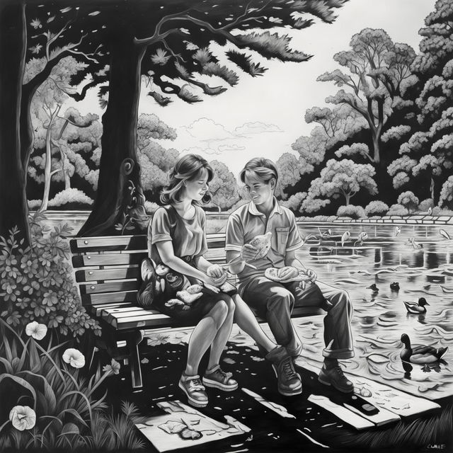 A high-definition, black and white pencil drawing of a cute couple feeding ducks in a park