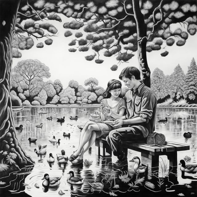 This is a black and white, high-definition, hyperrealistic pencil drawing of a cute couple feeding ducks at a park