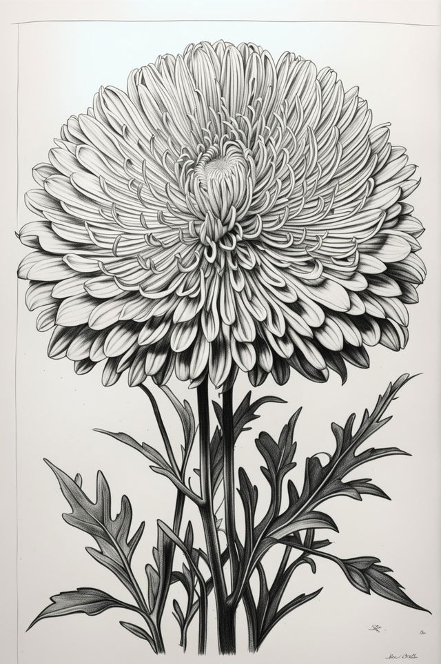 A delicate, high-quality pencil drawing of a chrysanthemum, with meticulous attention to the intricate layers of petals and the tiny florets at the center