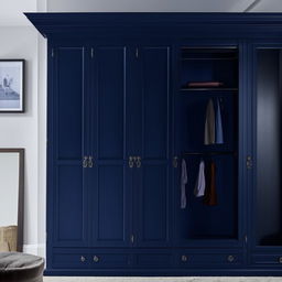 A deep blue wardrobe with an additional loft, exhibiting a classic design with modern functionality