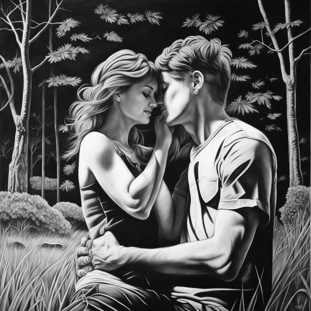 A high-definition, black and white pencil drawing of a cute couple at a park