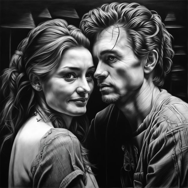 A high-definition, hyper-realistic pencil drawing in black and white, portraying a loving couple