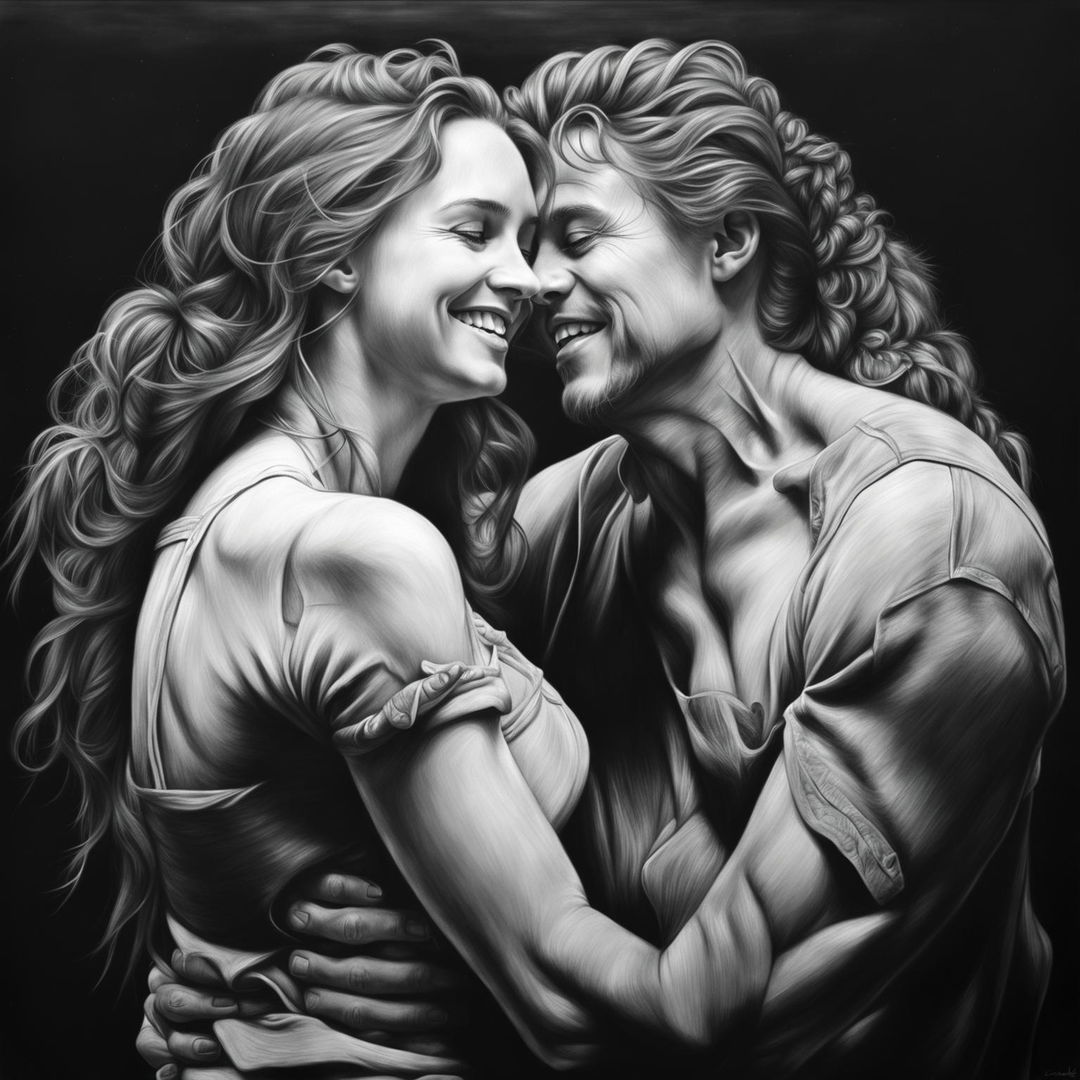 A high-definition, hyper-realistic pencil drawing in black and white, depicting a different couple sharing a playful moment