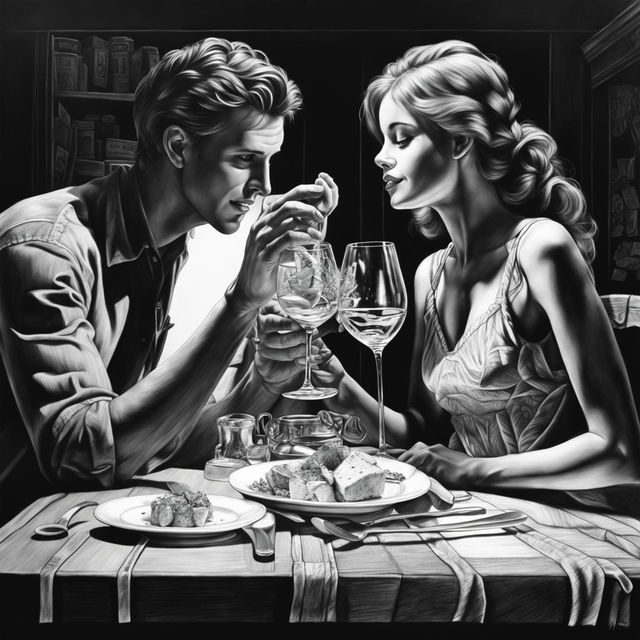 A high-definition, hyper-realistic pencil drawing in black and white, featuring a cute couple having dinner