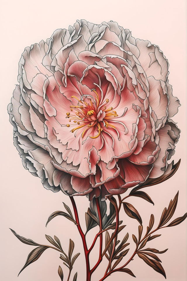 A delicate, high-quality pencil drawing of a peony, with meticulous attention to the intricate folds of its petals and its dense cluster of stamens