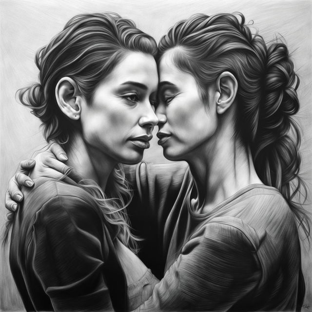 This is a highly detailed, black and white pencil drawing of a lesbian couple in a tender embrace