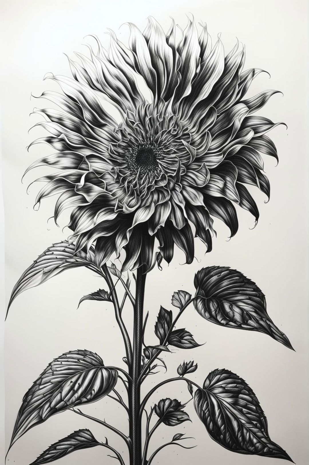 A high-quality pencil drawing of a sunflower, with meticulous attention to the curling edges and delicate veining of its petals, and the dense array of tiny florets at its center