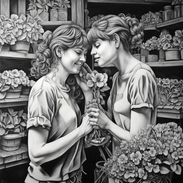 This is a high-definition, black and white pencil drawing of a lesbian couple at a florist shop