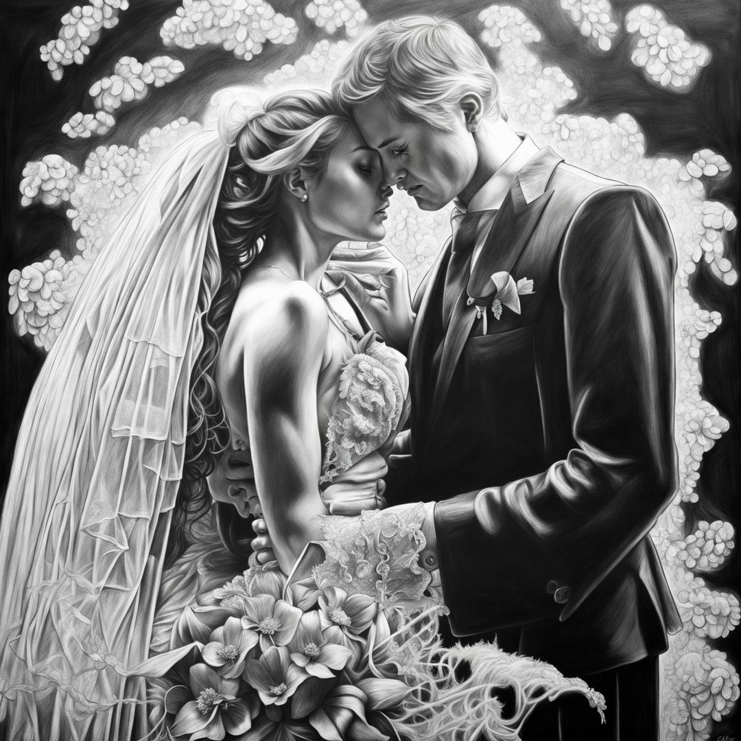 A high definition, black and white pencil drawing depicting a couple on their wedding day