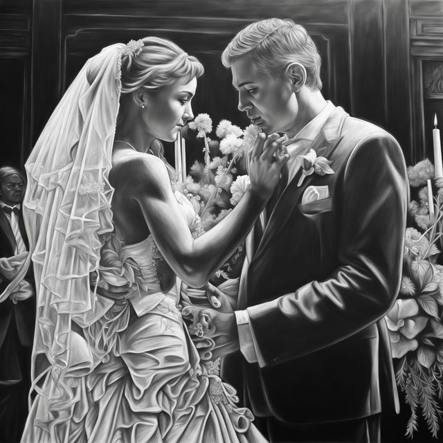 A high-definition, black and white pencil drawing of a couple getting married