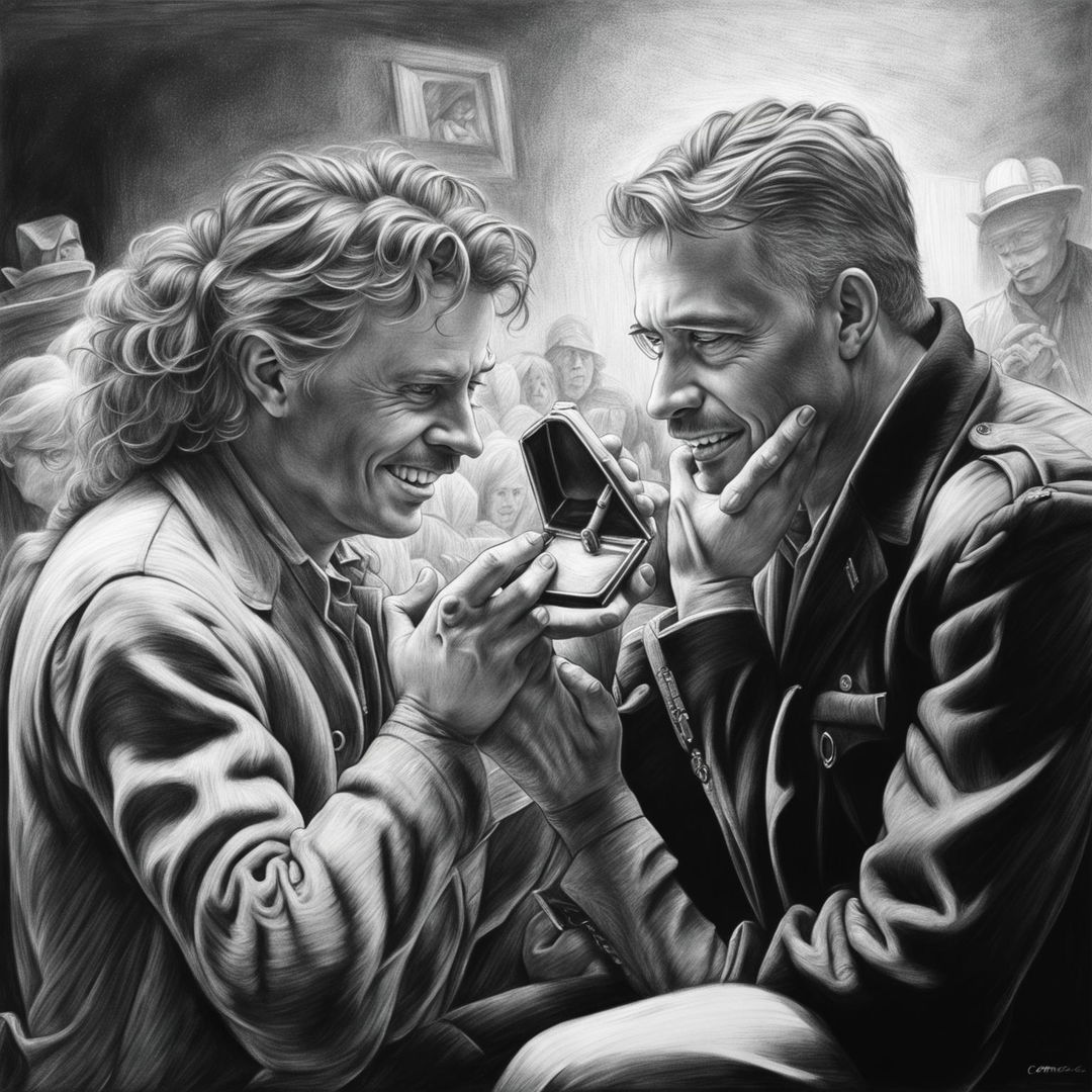 A high-definition, hyper-realistic black and white pencil drawing of a heartwarming proposal scene between two men