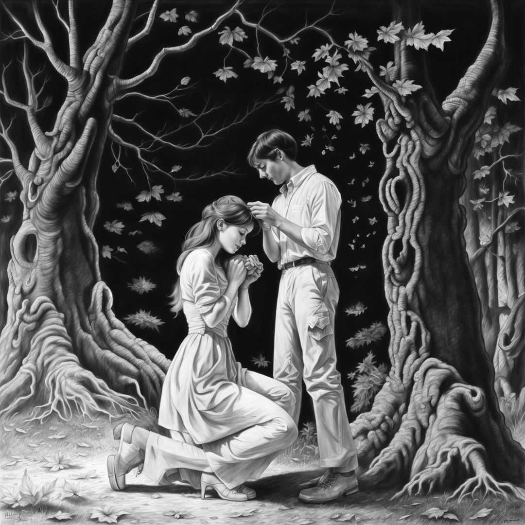 A high definition, hyper-realistic black and white pencil drawing of a cute couple during a proposal