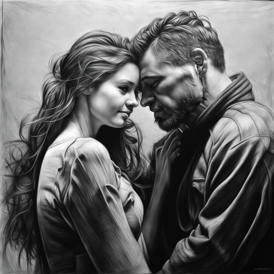 A high-definition, black and white pencil drawing of a cute couple, executed with hyperrealistic detail