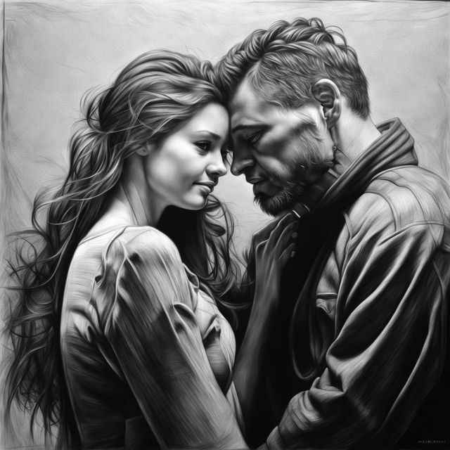 A high-definition, black and white pencil drawing of a cute couple, executed with hyperrealistic detail