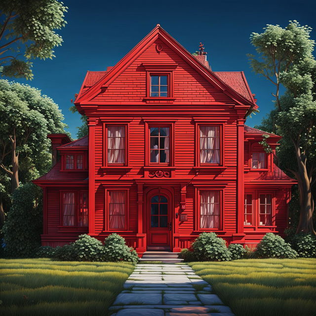 A high-quality digital art image of a vibrant red, two-story house with six windows