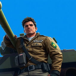 A realistic depiction of a player in a war game, leaning casually against a military tank