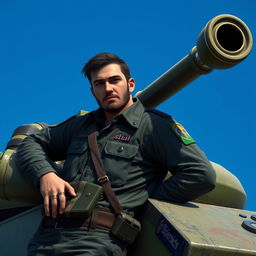 A realistic depiction of a player in a war game, leaning casually against a military tank