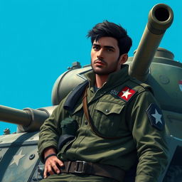 A realistic depiction of a player in a war game, leaning casually against a military tank