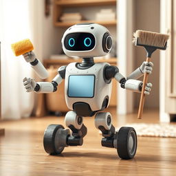 A cheerful, realistic robot with three arms, one hand holding a sponge and the other holding a broom