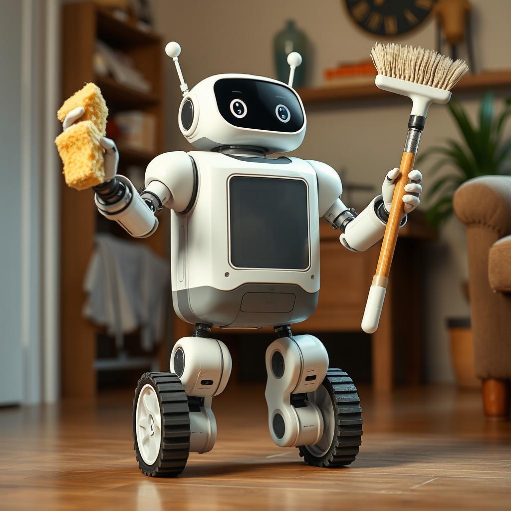 A cheerful, realistic robot with three arms, one hand holding a sponge and the other holding a broom