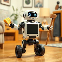 A cheerful, realistic robot with three arms, one hand holding a sponge and the other holding a broom