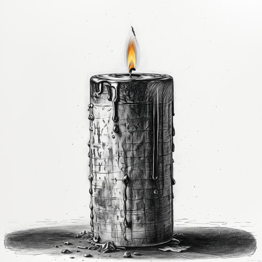 A high-definition, black and white pencil drawing of an old candle