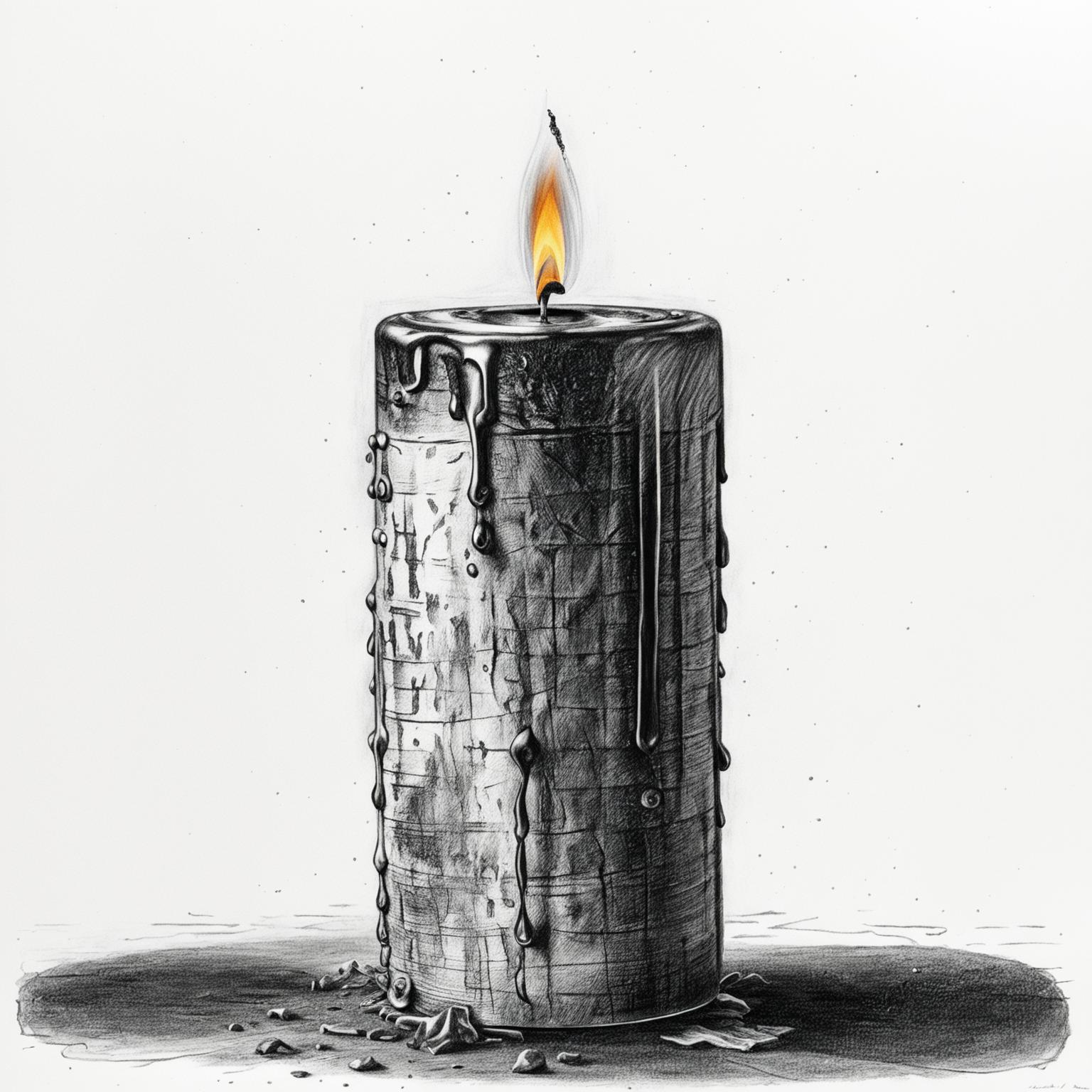 A high-definition, black and white pencil drawing of an old candle