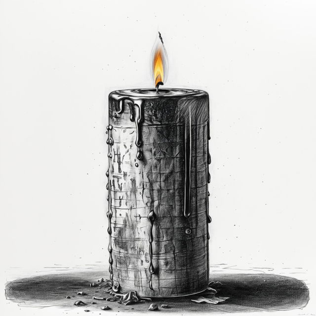 A high-definition, black and white pencil drawing of an old candle