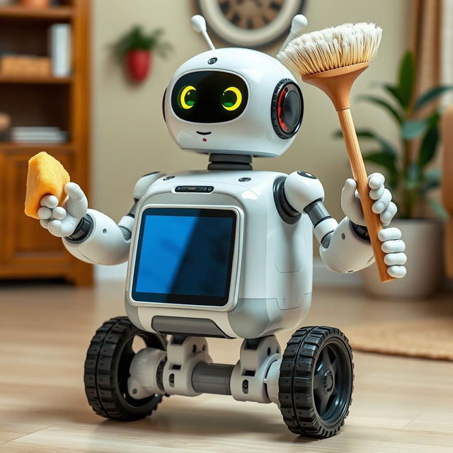 A cheerful, realistic robot with three arms, one hand holding a sponge and the other holding a broom