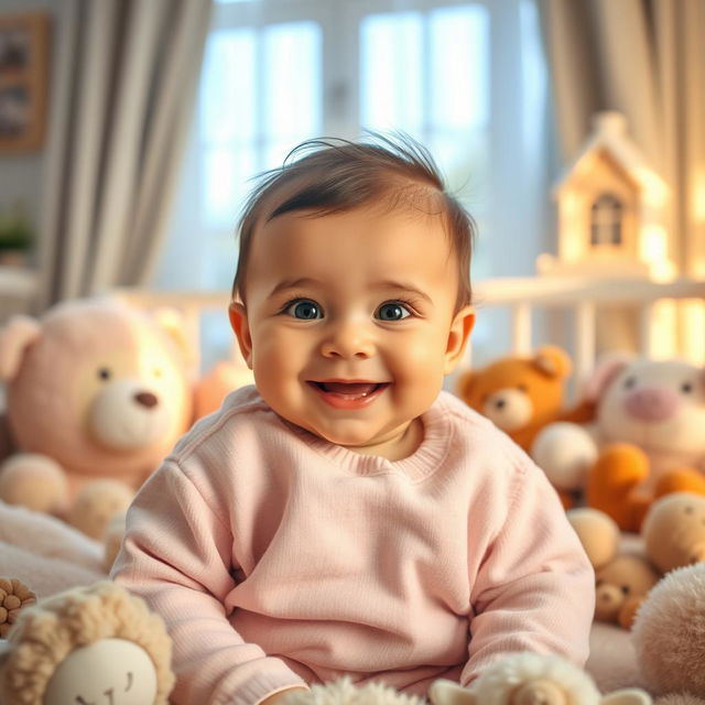 A cute and adorable baby smiling with bright eyes, wearing a cozy outfit in pastel colors, sitting comfortably in a soft nursery surrounded by plush toys and gentle sunlight streaming through the window, creating a warm and inviting atmosphere