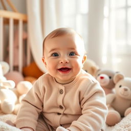 A cute and adorable baby smiling with bright eyes, wearing a cozy outfit in pastel colors, sitting comfortably in a soft nursery surrounded by plush toys and gentle sunlight streaming through the window, creating a warm and inviting atmosphere