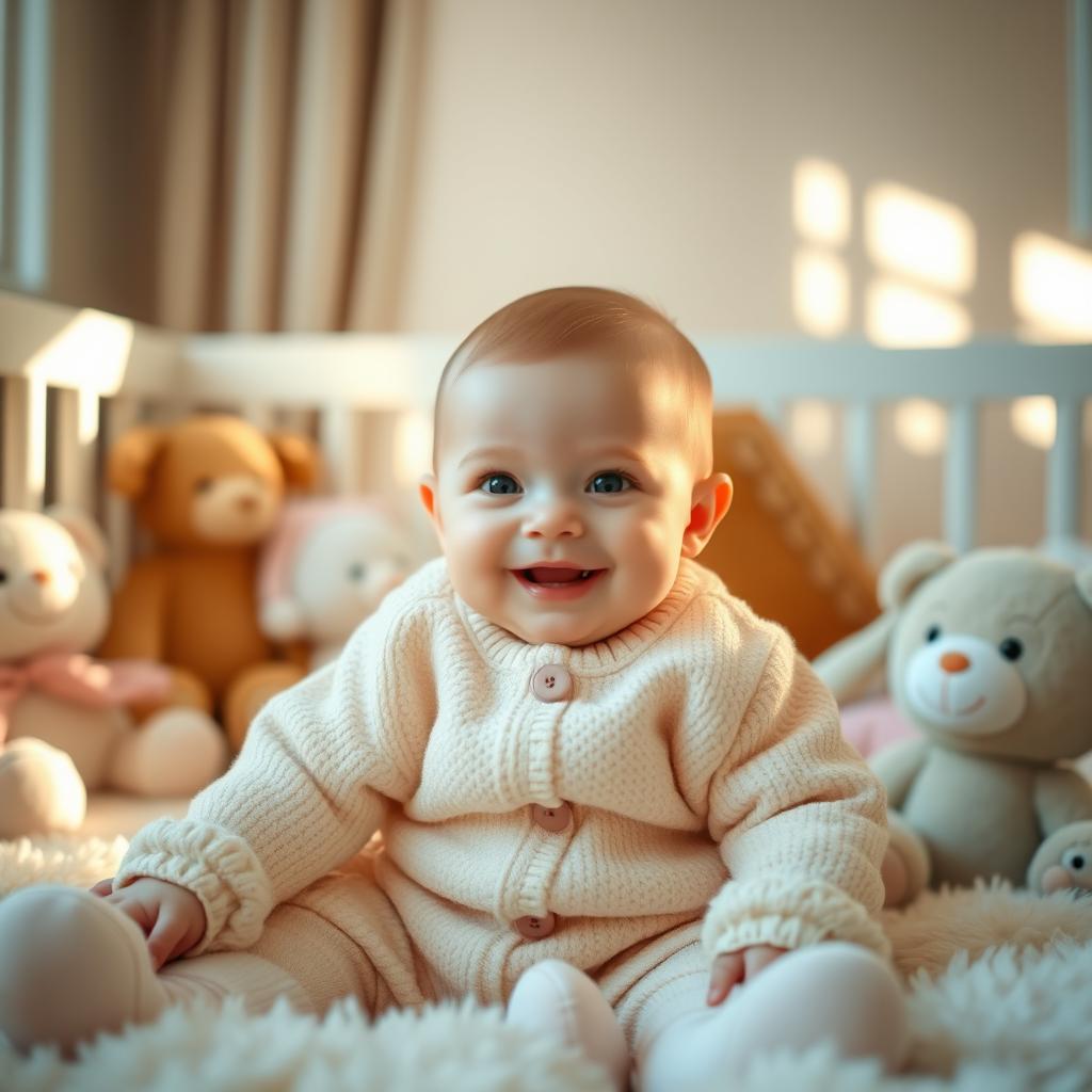 A cute and adorable baby smiling with bright eyes, wearing a cozy outfit in pastel colors, sitting comfortably in a soft nursery surrounded by plush toys and gentle sunlight streaming through the window, creating a warm and inviting atmosphere